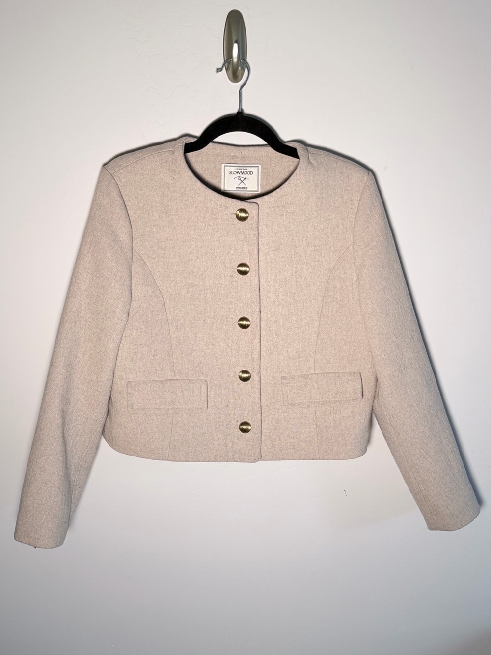SLOWMOOD Cream Cropped Round-Neck Wool Blazer with Gold Buttons Medium